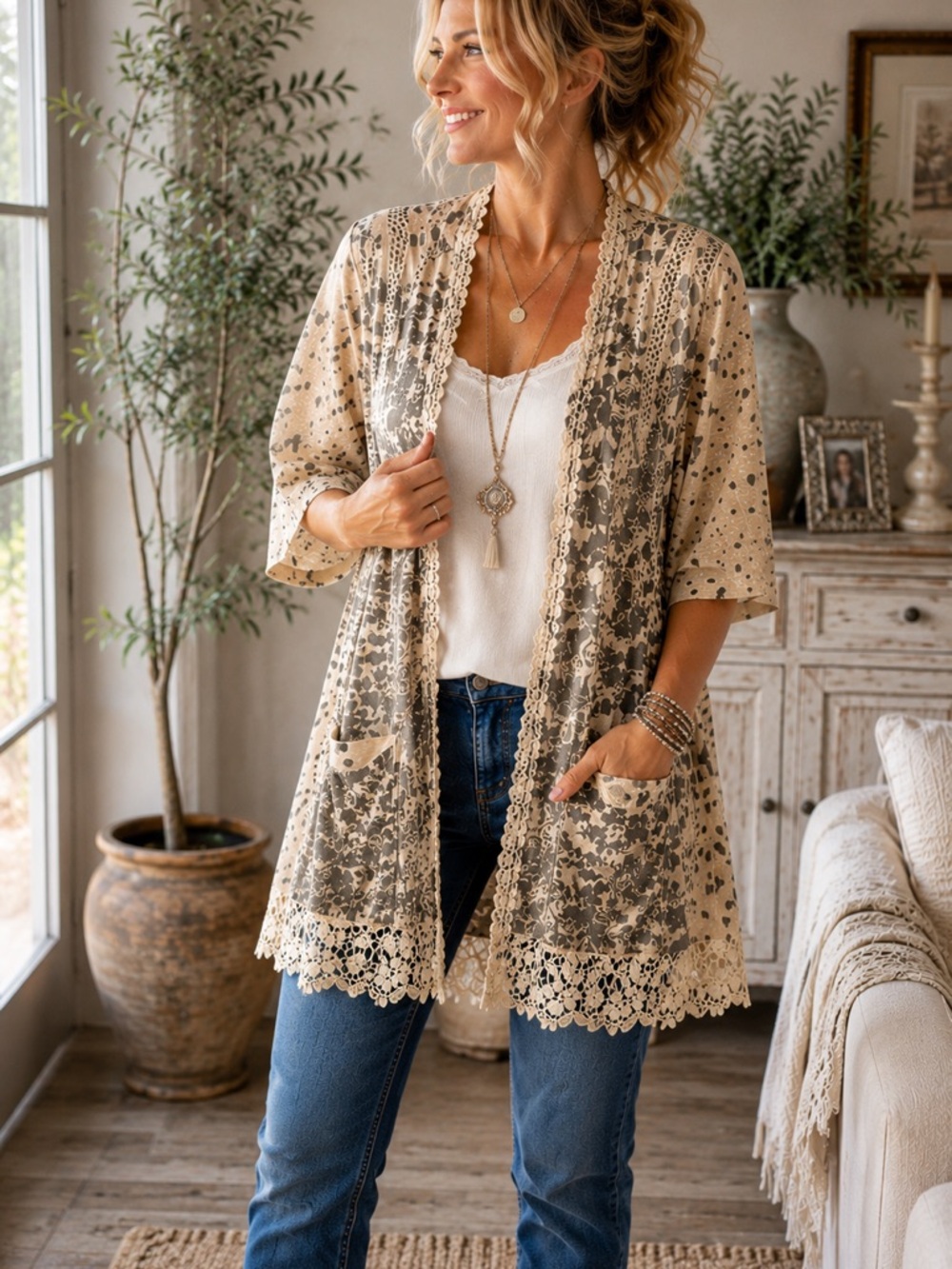 Origami Kimono Cardigan L/XL Beige Lace Hi Low Boho Open Front Ruffle Sheer
